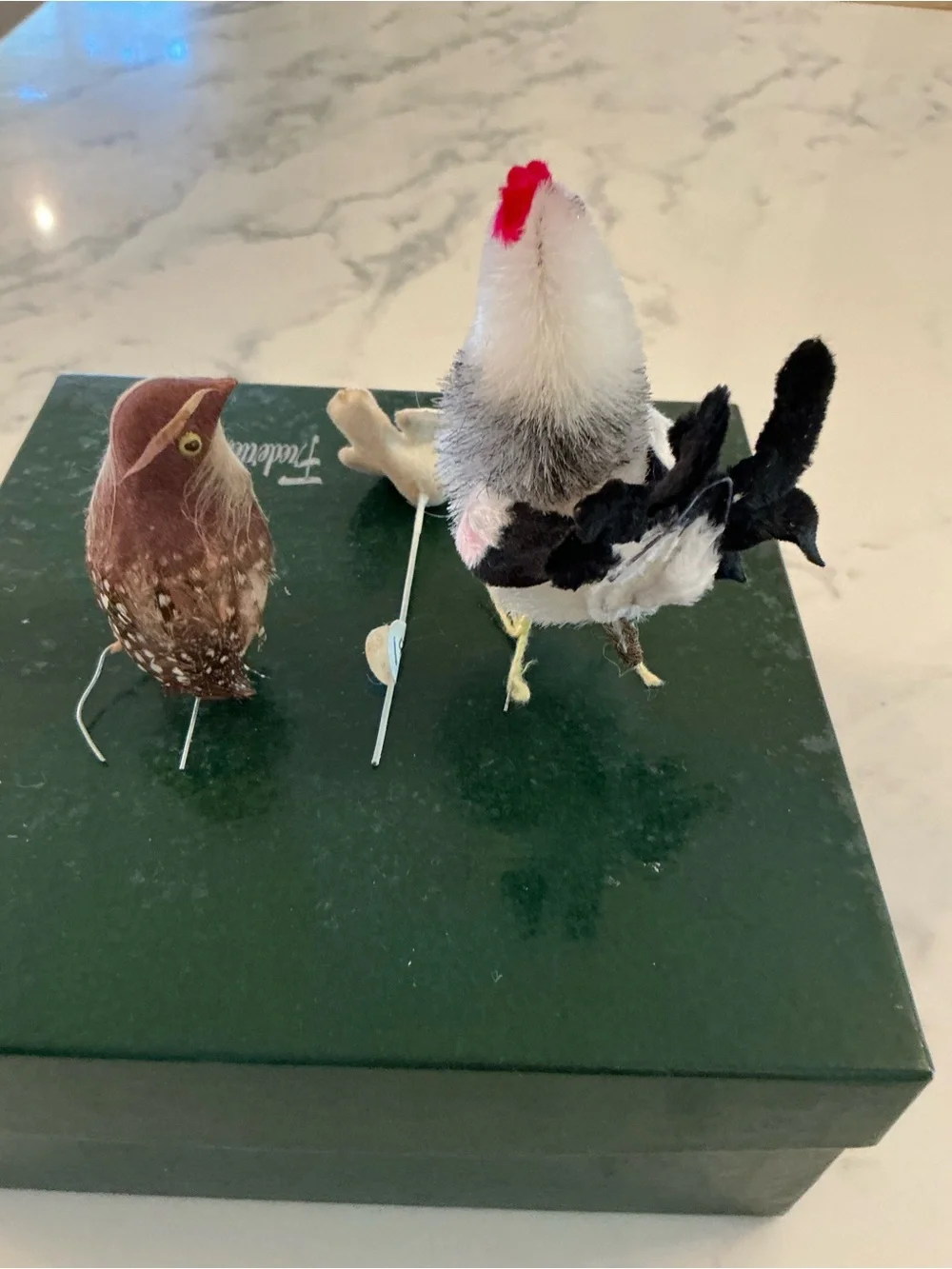 Set of Four Decorative Feather Birds - Neutral Tones with Red Accent